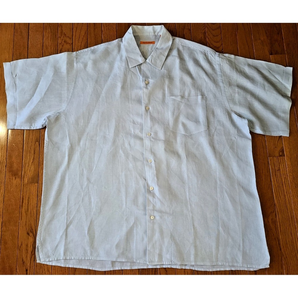 Martin Gordon Blue 100% Linen‎ Short Sleeve Button Up Shirt Men's Size XL Classy